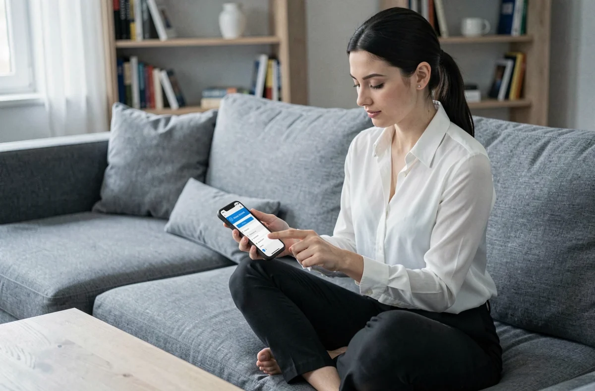 Jeune femme utilisant son smartphone pour récupérer l'accès à son compte 1&1 Webmail depuis son salon
