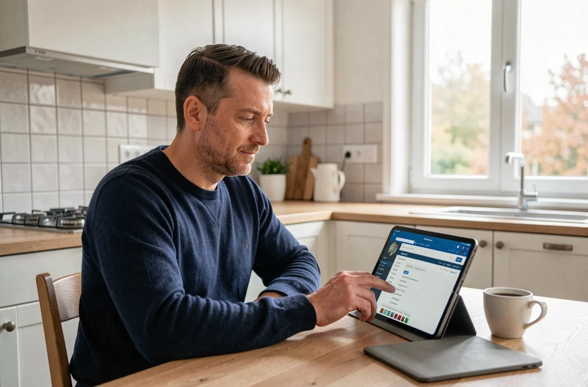 Un enseignant accédant à la messagerie académique DSDEN 64 sur une tablette depuis sa cuisine