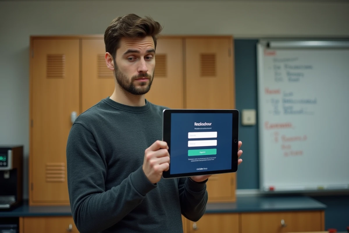 Enseignant contractuel activant son compte académique sur une tablette dans la salle des professeurs