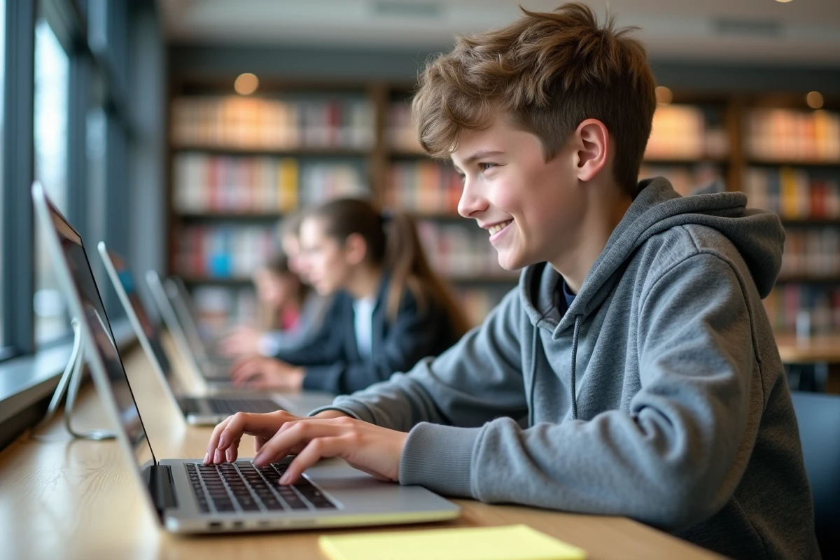Adolescent utilisant un clavier pour une touche spéciale dans une bibliothèque moderne