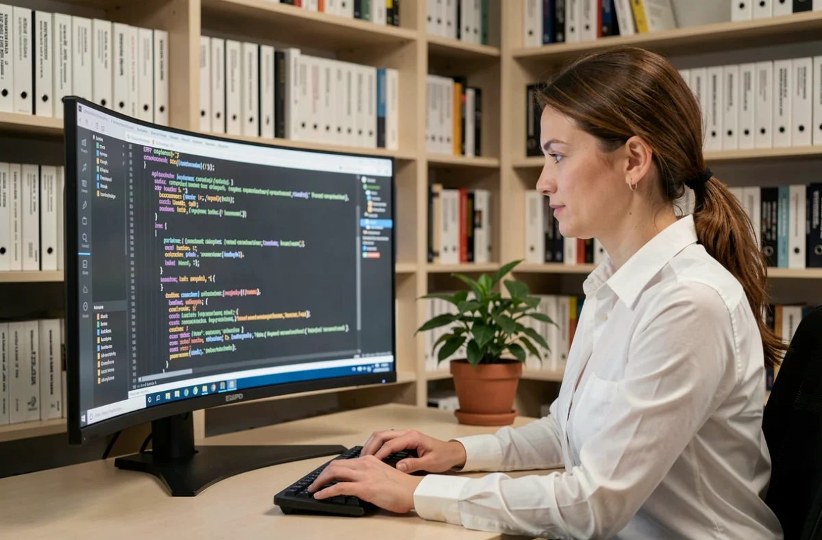 Ingénieure logicielle développant une application métier sur grand écran dans les locaux d'Aiwen Logiciels