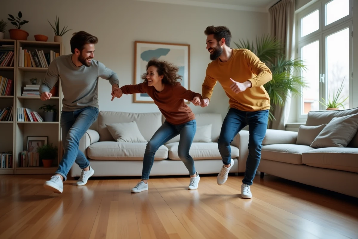 Trois amis faisant une roulade dans un salon chaleureux