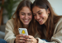 Deux amis souriants regardant un téléphone avec Snapchat
