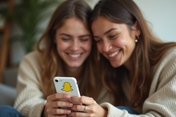 Deux amis souriants regardant un téléphone avec Snapchat