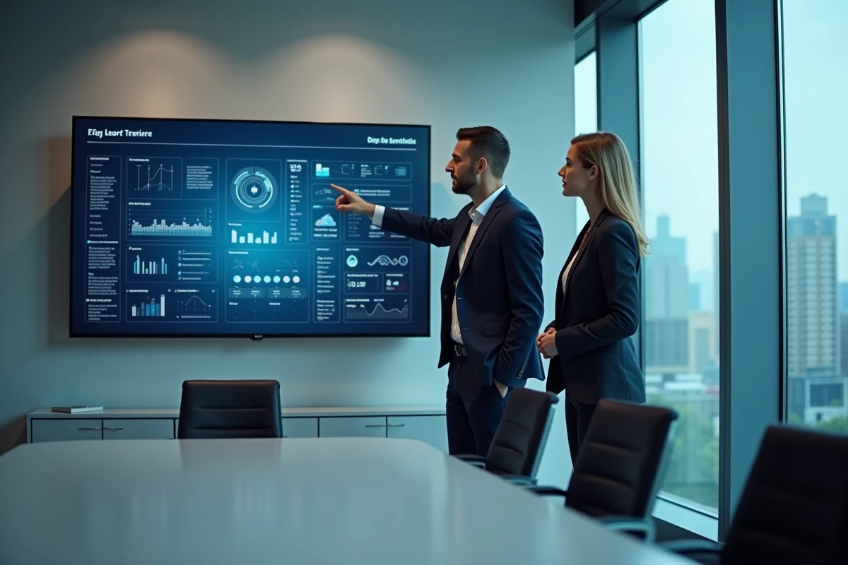 Deux professionnels analysant un tableau de bord de sécurité des données en salle de réunion