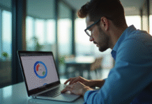 Professionnel analyse données SEO sur ordinateur reflet icône Google