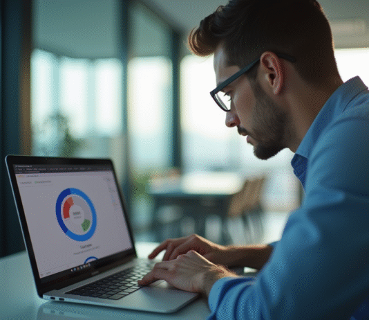 Professionnel analyse données SEO sur ordinateur reflet icône Google