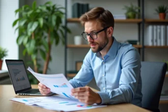 Homme analysant rapports SEO dans un bureau moderne