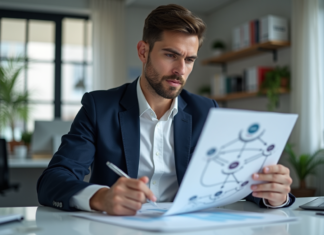 L’importance des backlinks en SEO : les backlinks sont-ils toujours pertinents ? Jeune professionnel analyse un diagramme SEO sur son bureau