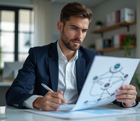 L’importance des backlinks en SEO : les backlinks sont-ils toujours pertinents ? Jeune professionnel analyse un diagramme SEO sur son bureau