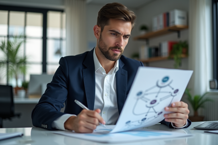 analyste-seo-ordinateur-bureau Jeune professionnel analyse un diagramme SEO sur son bureau