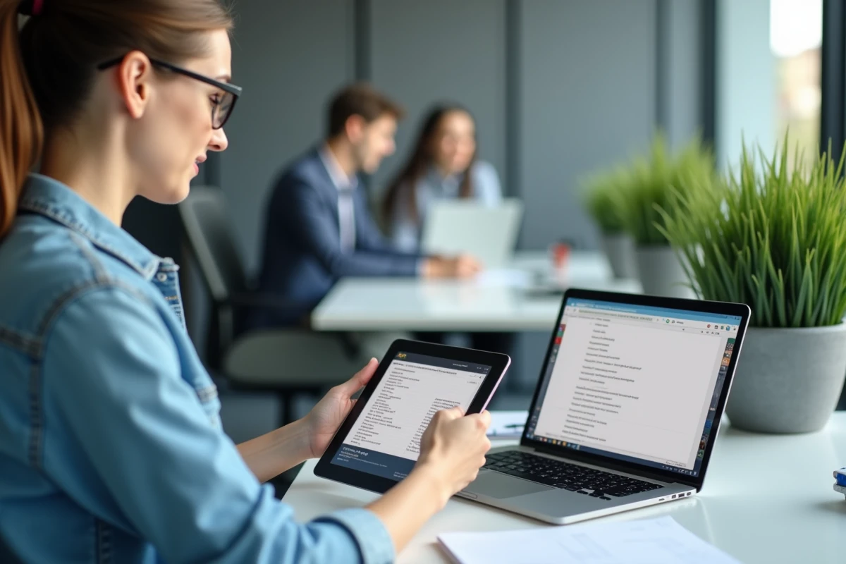 Femme utilisant une application presse-papier Android sur tablette et ordinateur portable au bureau