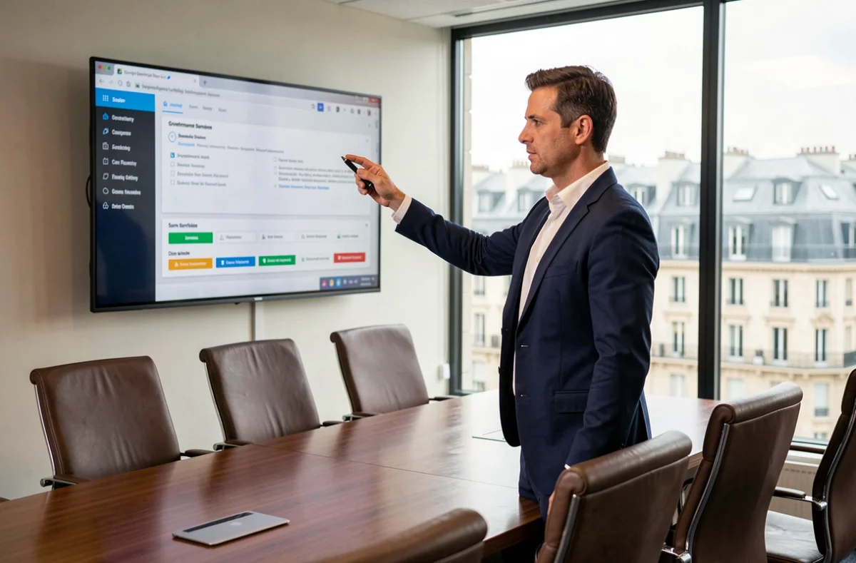 Consultant informatique présentant une solution de gestion de systèmes d'information lors d'une réunion professionnelle