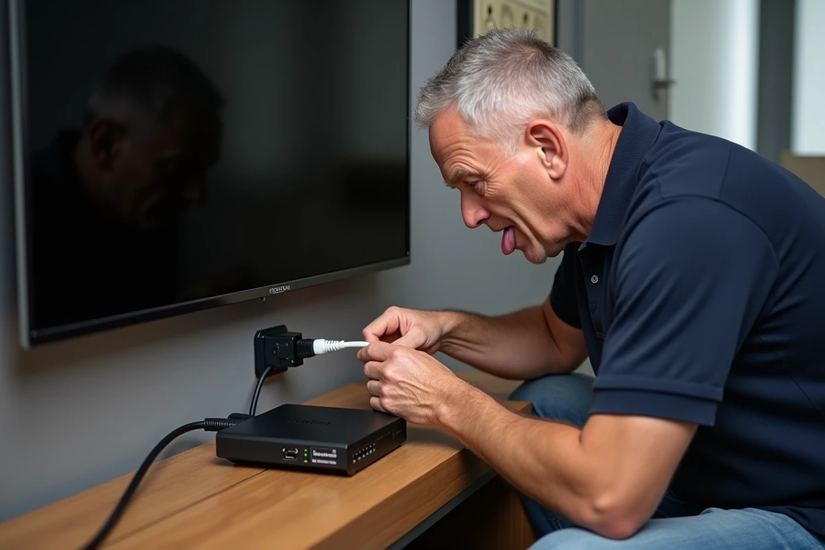 Homme en train de changer le type de connexion entre le décodeur TV et la Livebox en rebranchant un câble ethernet sur les ports appropriés