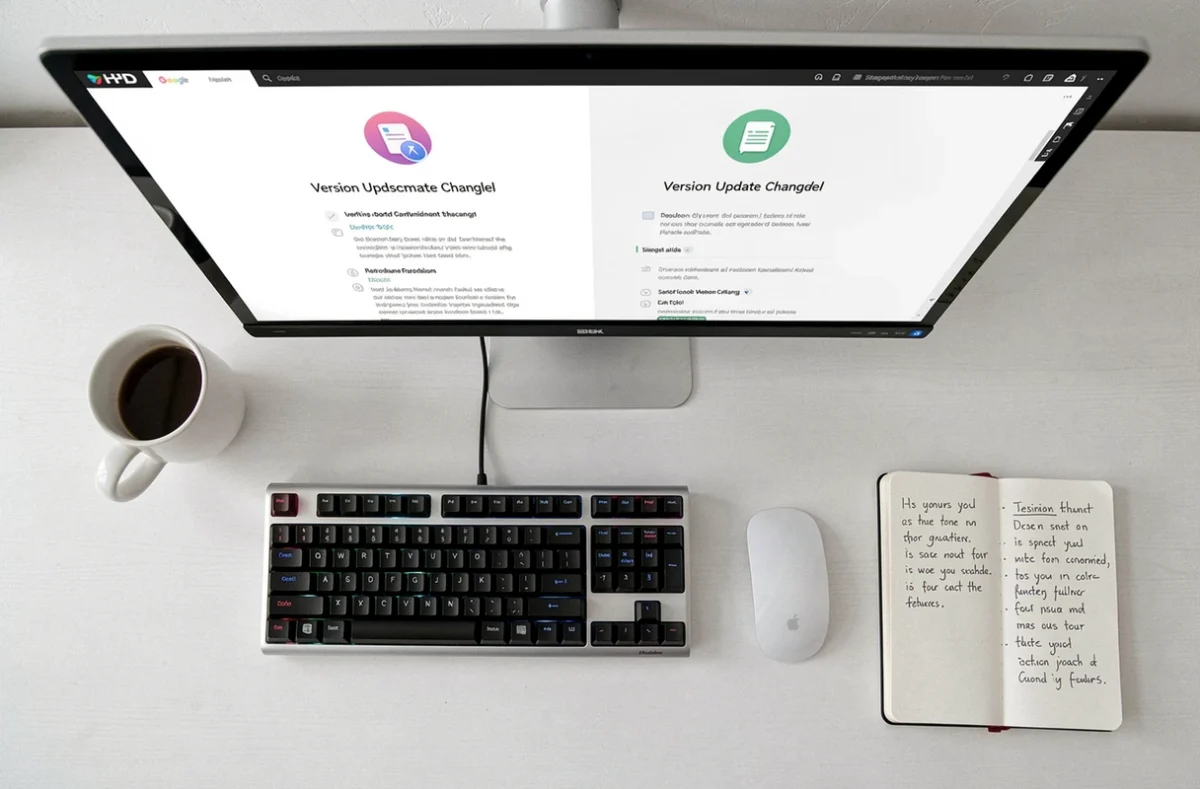 Vue aérienne d'un bureau minimaliste avec comparaison des logiciels OpenOffice et LibreOffice sur écran