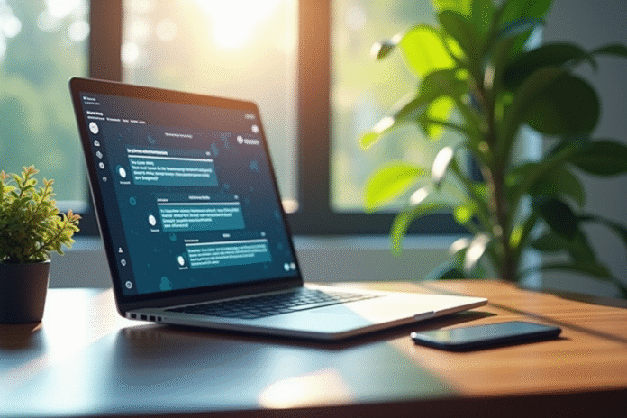 Bureau moderne avec ordinateur et smartphone pour communication securisee
