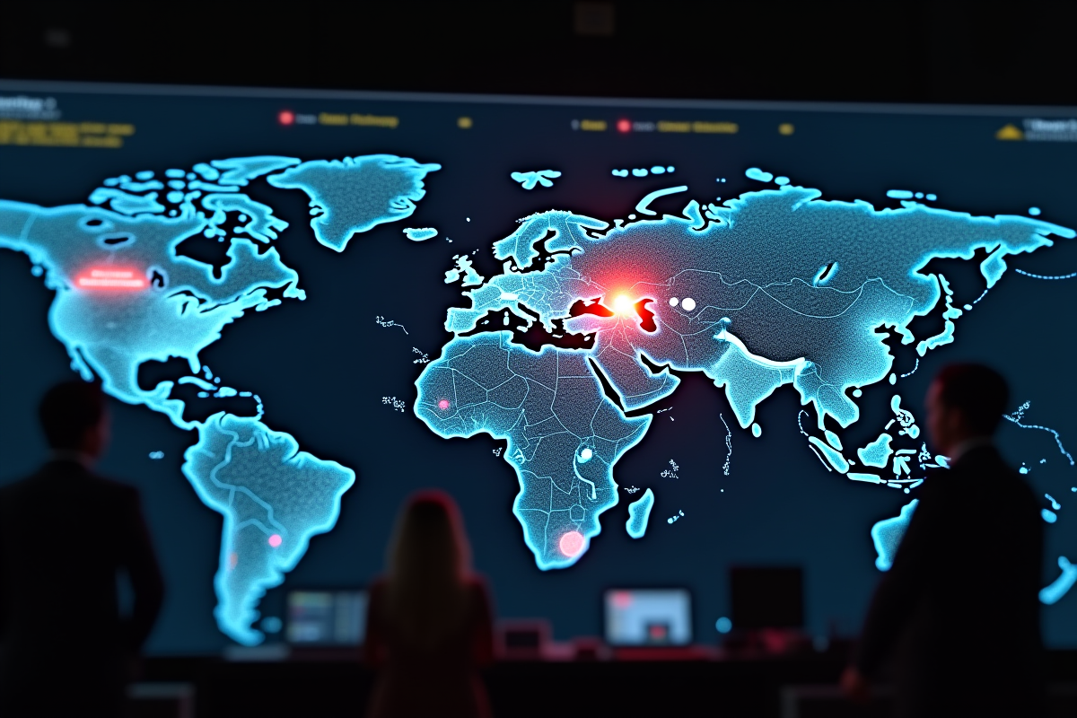 Carte du monde affichée sur plusieurs écrans dans une salle de contrôle moderne