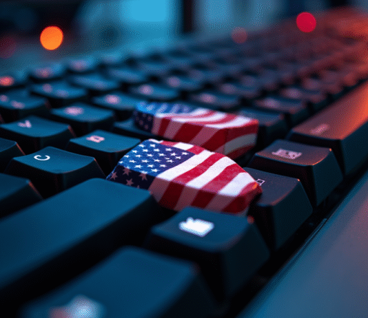Clavier avec touche cassée en forme de drapeau national sur un bureau lumineux
