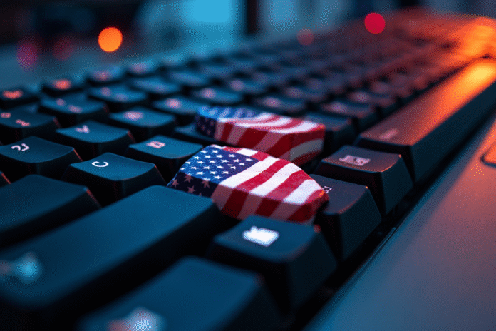 Clavier avec touche cassée en forme de drapeau national sur un bureau lumineux