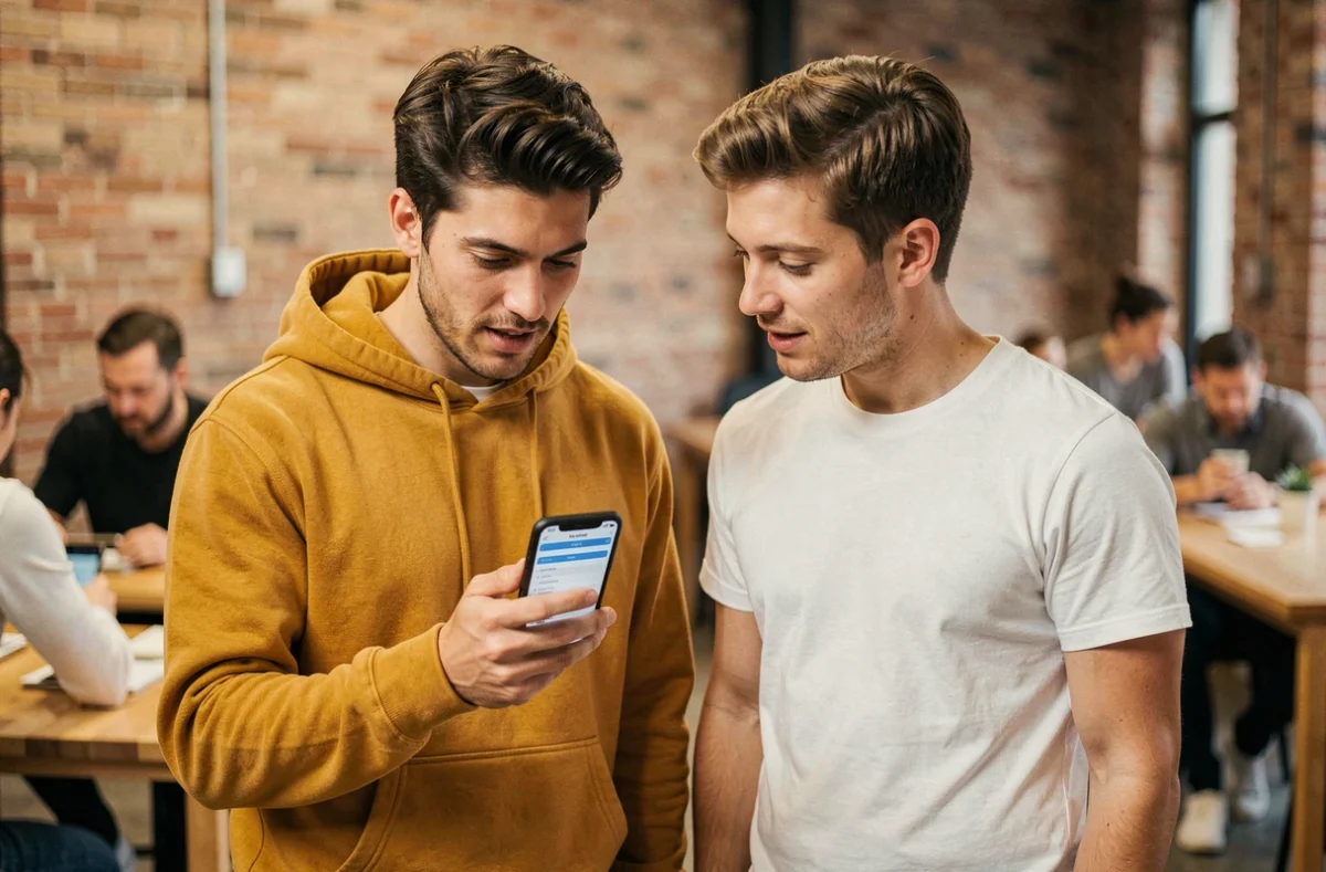 Deux collègues consultant la configuration webmail ia37 sur mobile dans un espace coworking