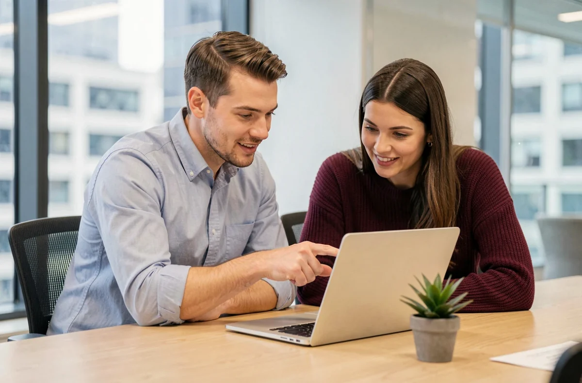 Deux collègues discutant ensemble des bonnes pratiques pour choisir les destinataires en Cc et Cci d'un email professionnel dans une salle de réunion