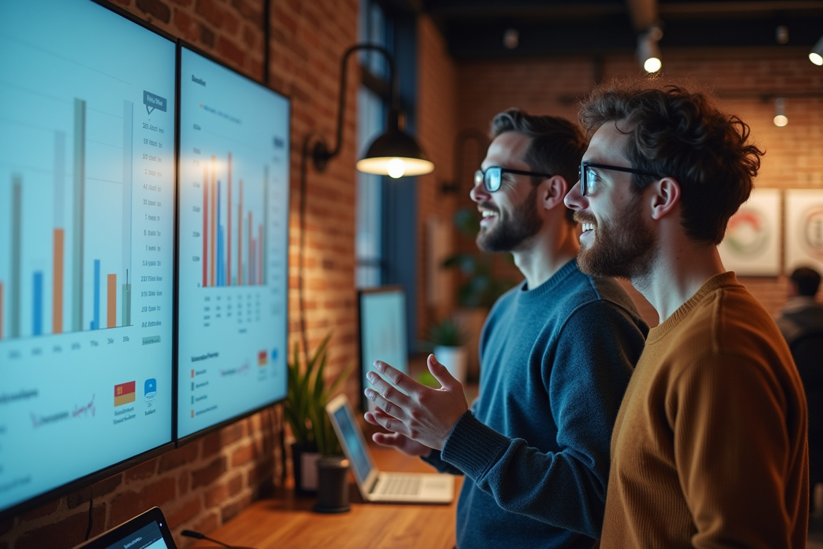 Deux collègues discutent devant un tableau digital dans un bureau moderne