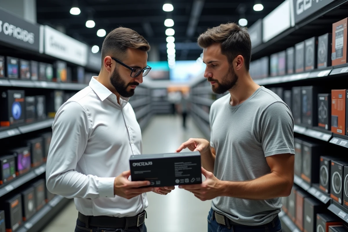 Deux hommes comparant les spécifications d'une carte graphique en magasin d'informatique avant un achat