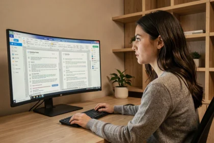 Femme comparant OpenOffice et LibreOffice sur un écran d'ordinateur dans un bureau à domicile moderne