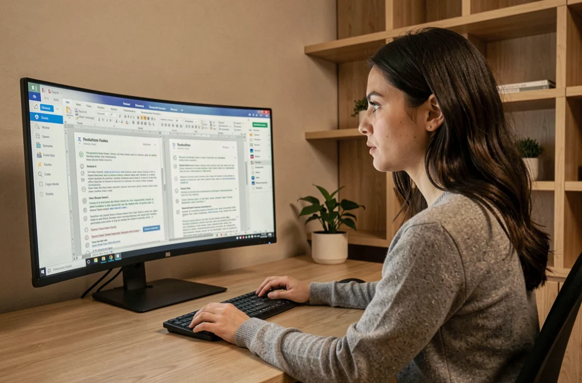 Femme comparant OpenOffice et LibreOffice sur un écran d'ordinateur dans un bureau à domicile moderne