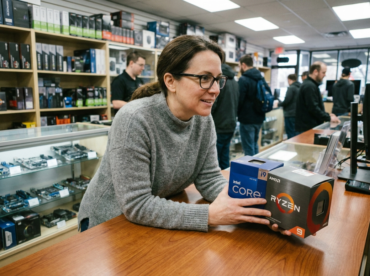 Femme comparant des boîtes de processeurs en magasin informatique