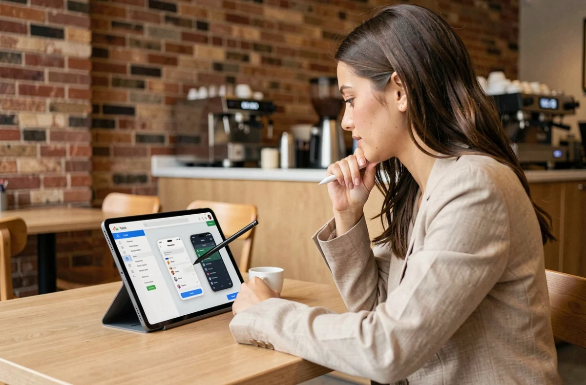 Jeune femme comparant un webmail et un logiciel de messagerie sur une tablette dans un café