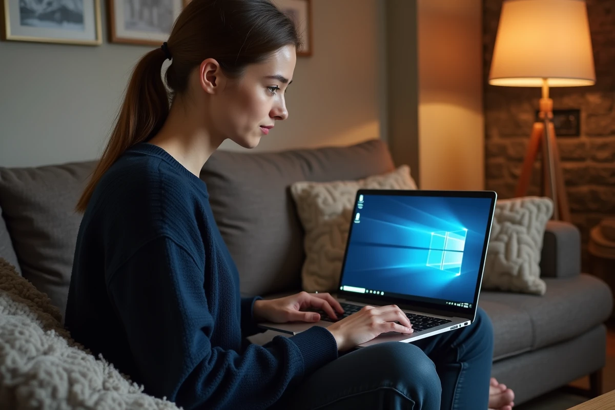 Femme configurant la disposition du clavier et la langue de saisie Windows sur un ordinateur portable depuis son canapé