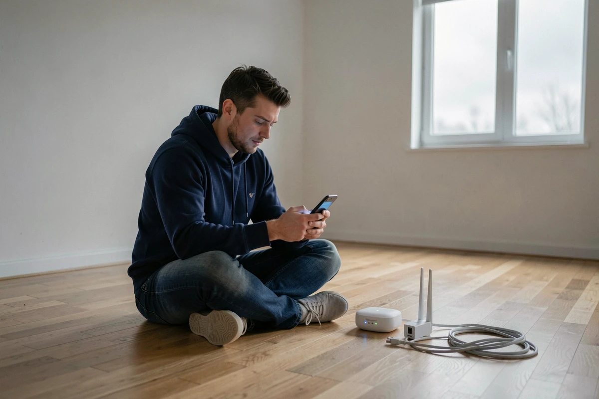Homme configurant l'application Google Home sur smartphone pour connecter un Chromecast après déménagement