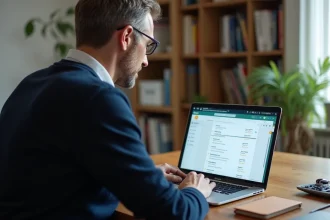 Un homme en télétravail configurant sa messagerie Zimbra sur un ordinateur portable dans un bureau à domicile