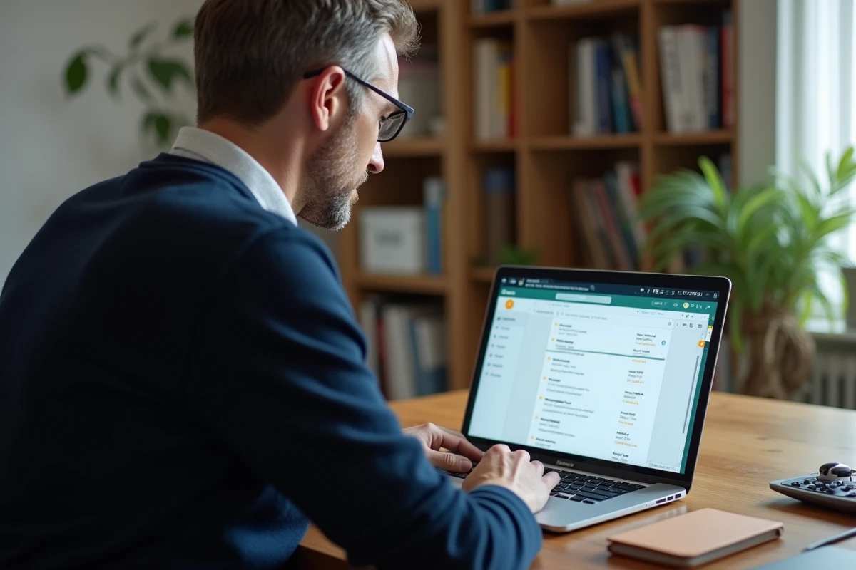 Un homme en télétravail configurant sa messagerie Zimbra sur un ordinateur portable dans un bureau à domicile