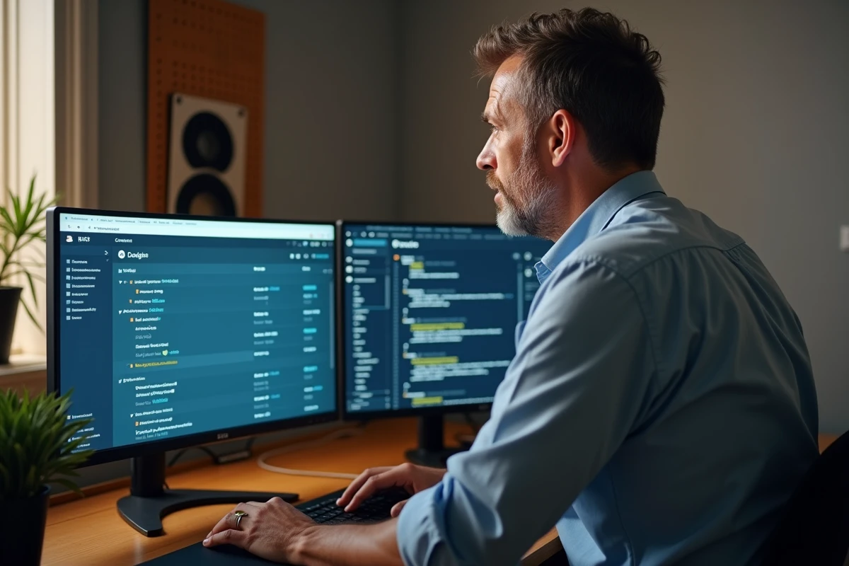 Un professionnel configurant un accès VPN et la synchronisation de sa messagerie Zimbra sur deux écrans en télétravail