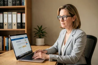 Enseignante connectée à la messagerie DSDEN 64 depuis son bureau à domicile sur un ordinateur portable