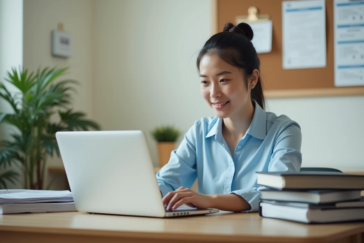 Remplaçante connectée au portail académique Amiens sur un ordinateur portable dans un bureau scolaire