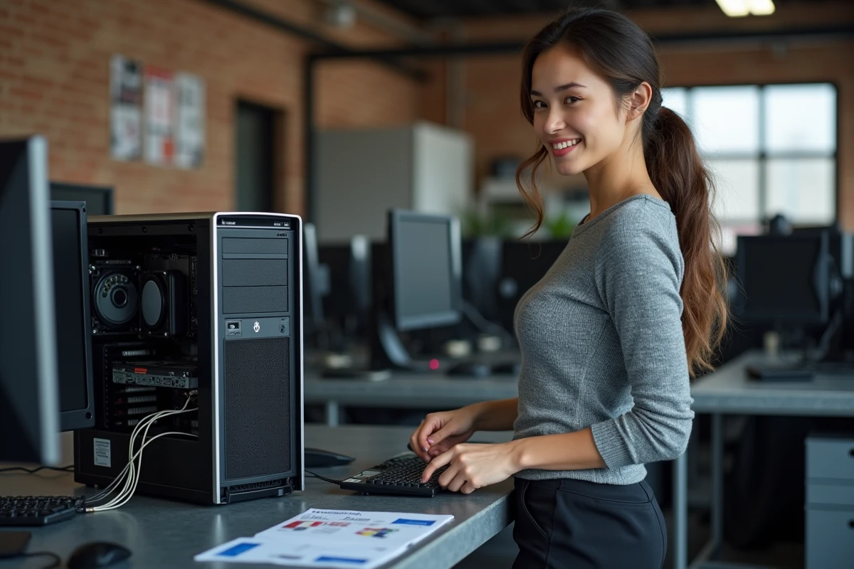 Jeune femme connectant un SSD dans un PC de bureau moderne