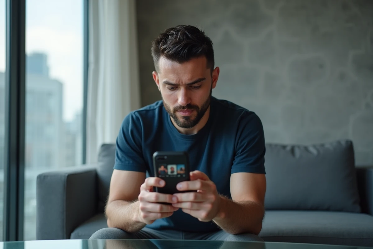 Homme consultant un profil Instagram via une application tierce sur son smartphone sans connexion à un compte personnel