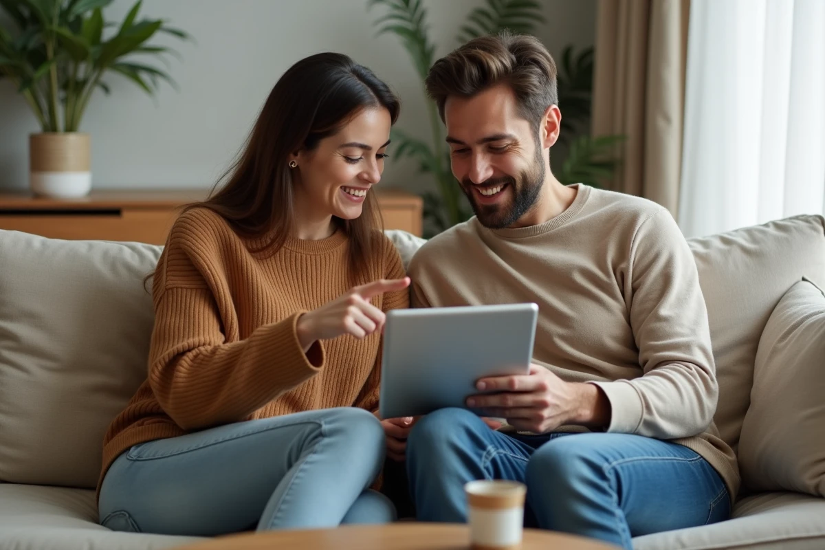Couple gérant ensemble leur abonnement RED by SFR sur une tablette dans leur salon
