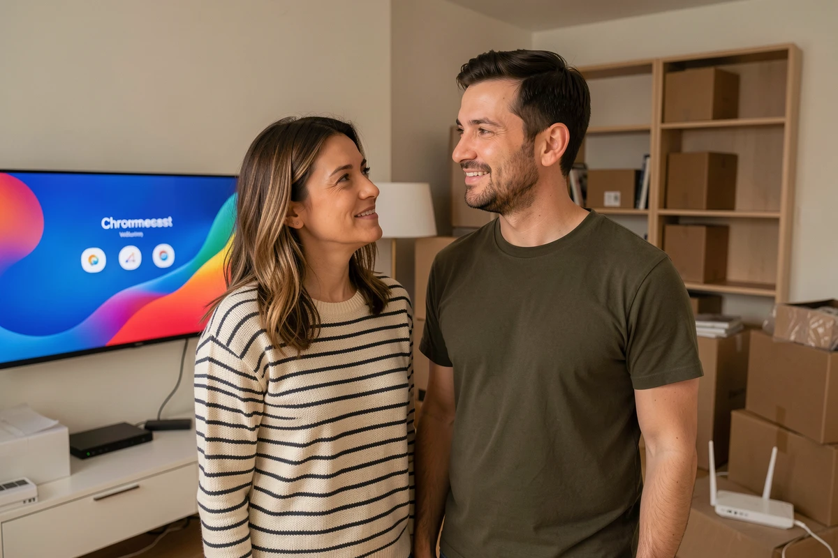 Couple regardant l'écran de configuration du Chromecast dans leur nouvel appartement après déménagement