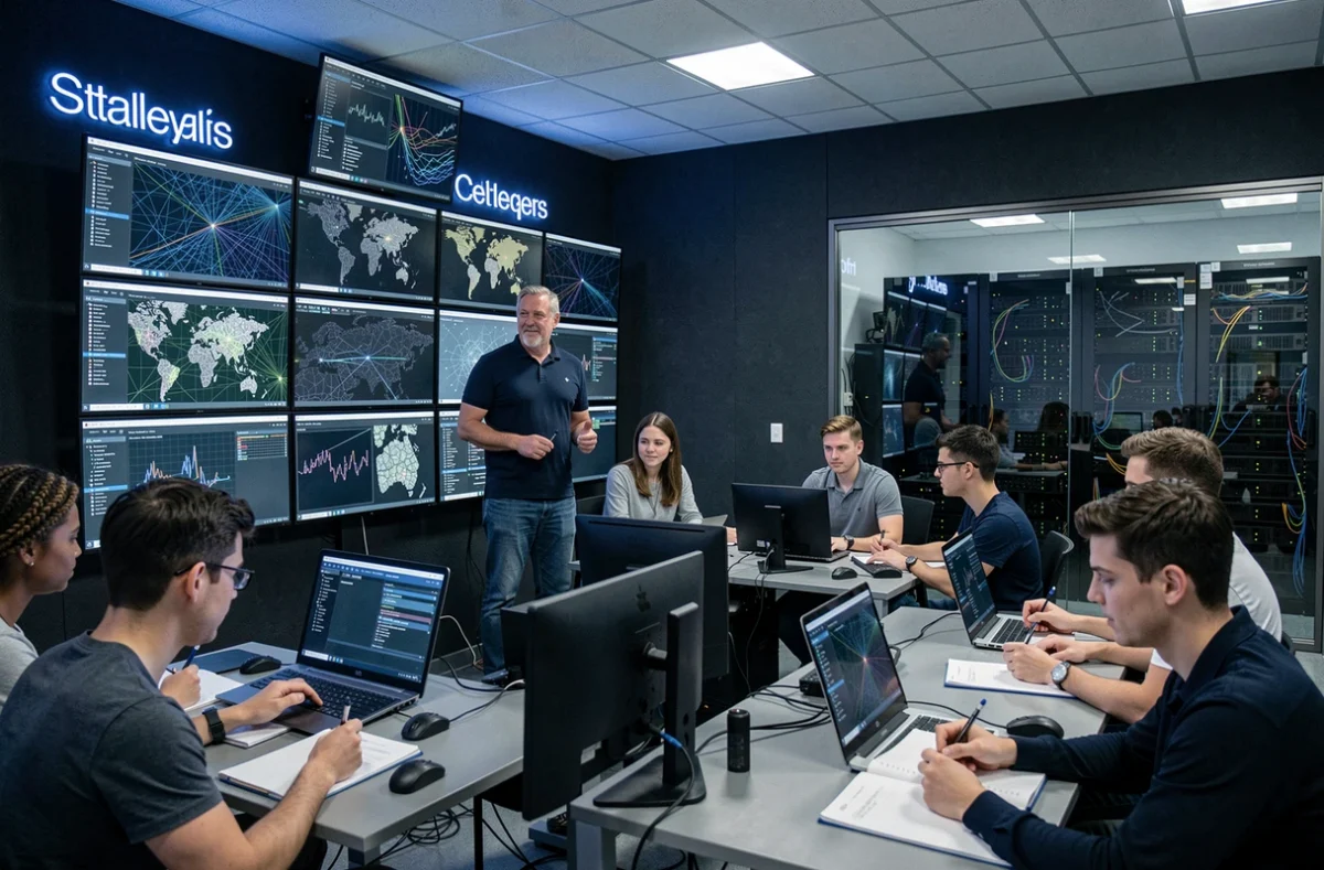 Formation cybersécurité au campus cyber régional CyberLig avec un instructeur et des professionnels devant des écrans de surveillance réseau