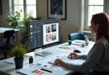 Designer créatif travaillant sur un logiciel de graphisme moderne