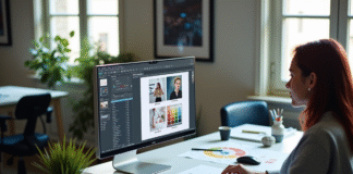 Logiciel PAO : définition, utilisations et avantages en design graphique Designer créatif travaillant sur un logiciel de graphisme moderne