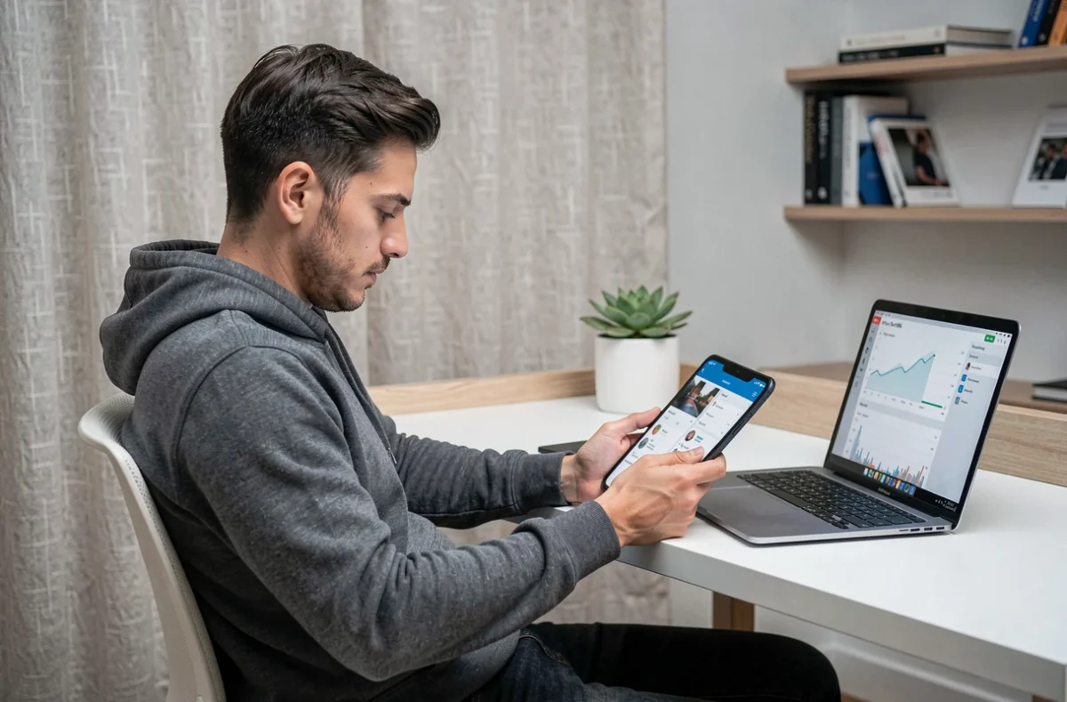 Designer UX évaluant un prototype d'application mobile sur tablette dans un espace de travail minimaliste à domicile