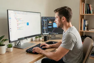 Développeur web centrant une icône dans un div avec CSS flexbox sur son écran d'ordinateur
