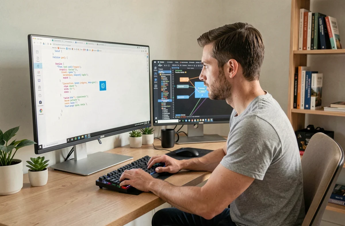 Développeur web centrant une icône dans un div avec CSS flexbox sur son écran d'ordinateur