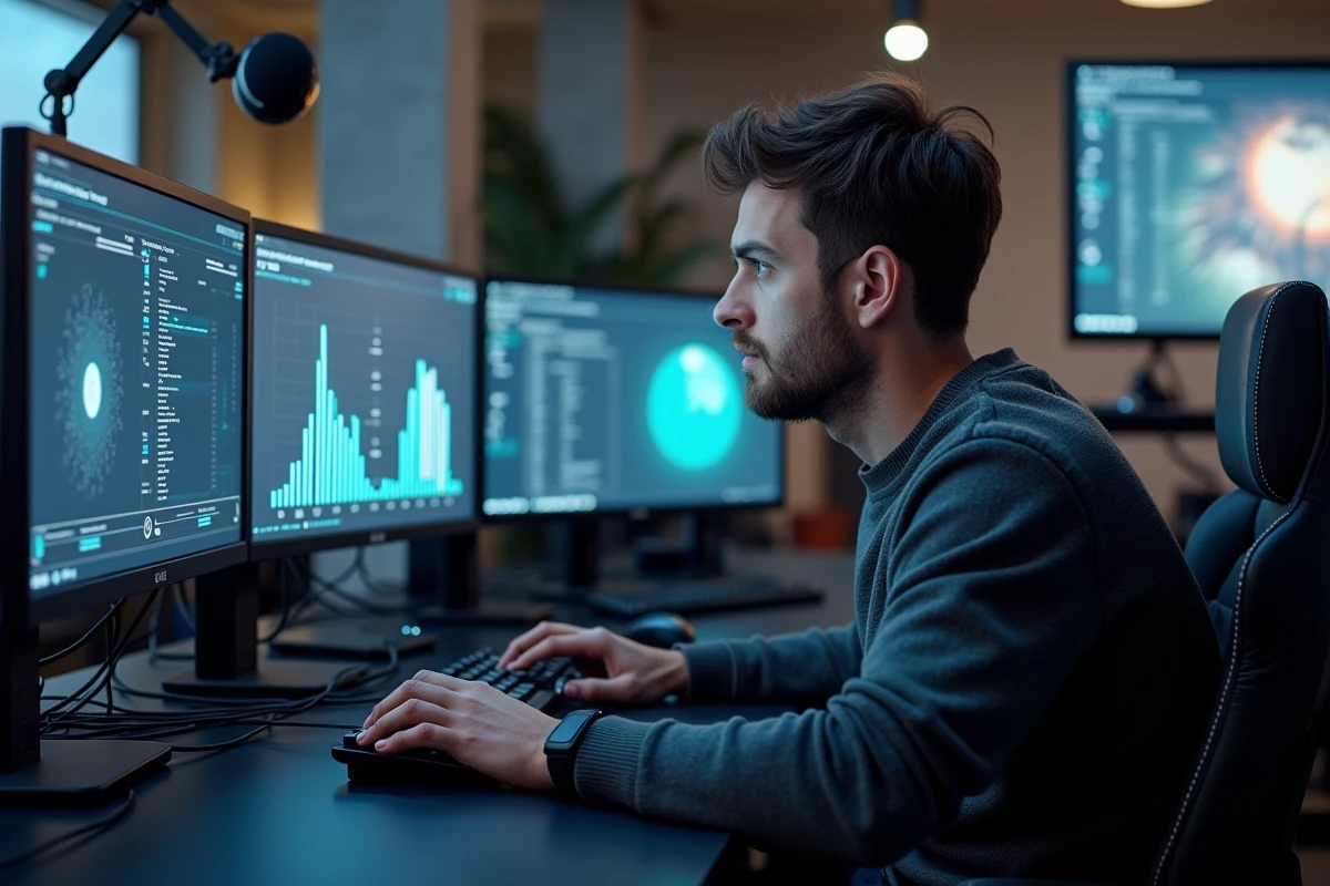 Développeur de jeux vidéo analysant des comparatifs de résolution 8K sur plusieurs écrans dans un studio de développement moderne