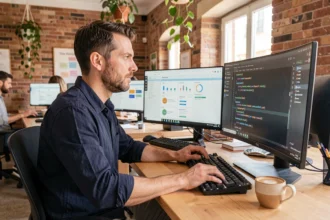 Développeur freelance en Occitanie travaillant sur du code dans un espace de coworking à Toulouse
